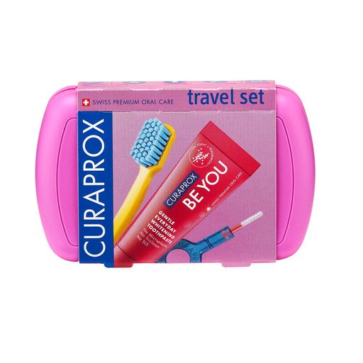 Curaprox Набор дорожный Be you, розовый, набор, щетка зубная + паста зубная 10 мл + ершик межзубный с держателем, 1 шт.
