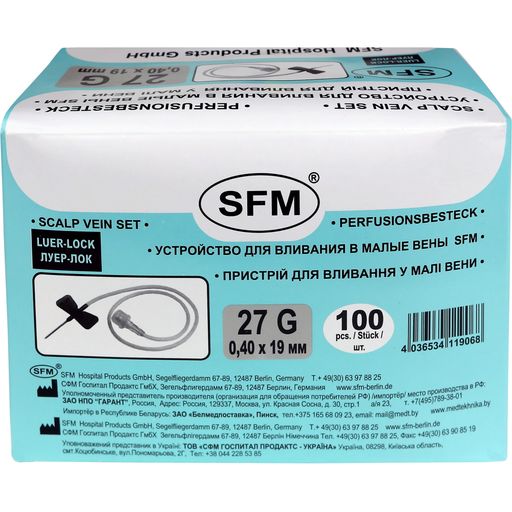 SFM Устройство для вливания в малые вены, 27G (0,40х19мм), серый цвет, 100 шт.