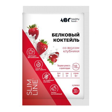 Abc Healthy Food Коктейль белковый Клубника, порошок для приготовления раствора для приема внутрь, со вкусом клубники, 30 г, 1 шт.