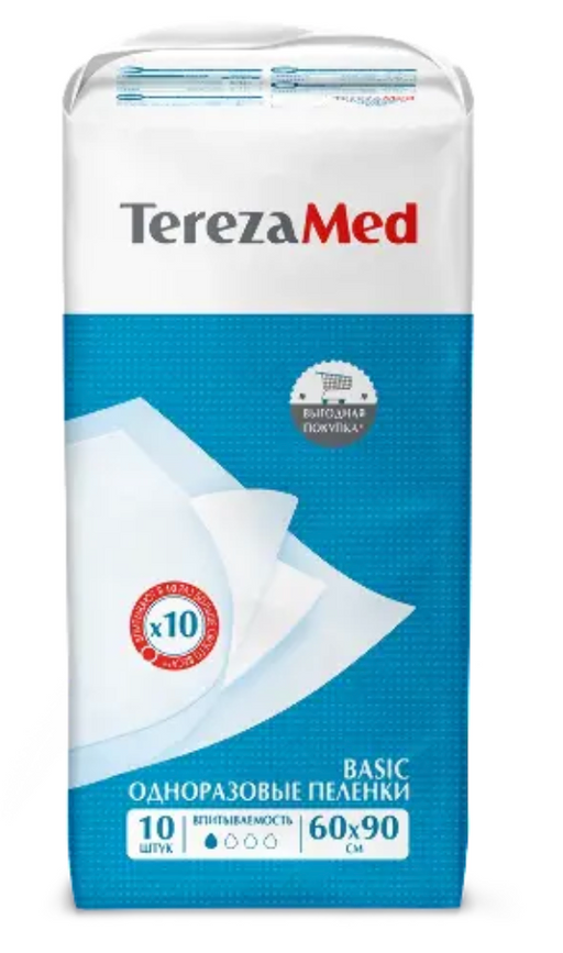 TerezaMed basic пеленки одноразовые впитывающие, 90 смx60 см, 1 капля, 10 шт.